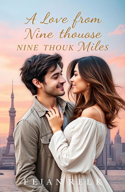 A romantic book cover for a novel titled 'A LOVE FROM NINE THOUSAND MILES'