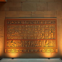 An image showcasing a panel of hieroglyphics that narrates the feats and achievements of Ramses II, set against the backdrop of an ancient Egyptian temple