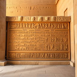 An image showcasing a panel of hieroglyphics that narrates the feats and achievements of Ramses II, set against the backdrop of an ancient Egyptian temple