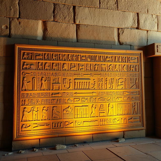 An image showcasing a panel of hieroglyphics that narrates the feats and achievements of Ramses II, set against the backdrop of an ancient Egyptian temple