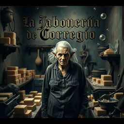 An elderly woman with a demonic face stands in a dirty kitchen surrounded by bars of soap