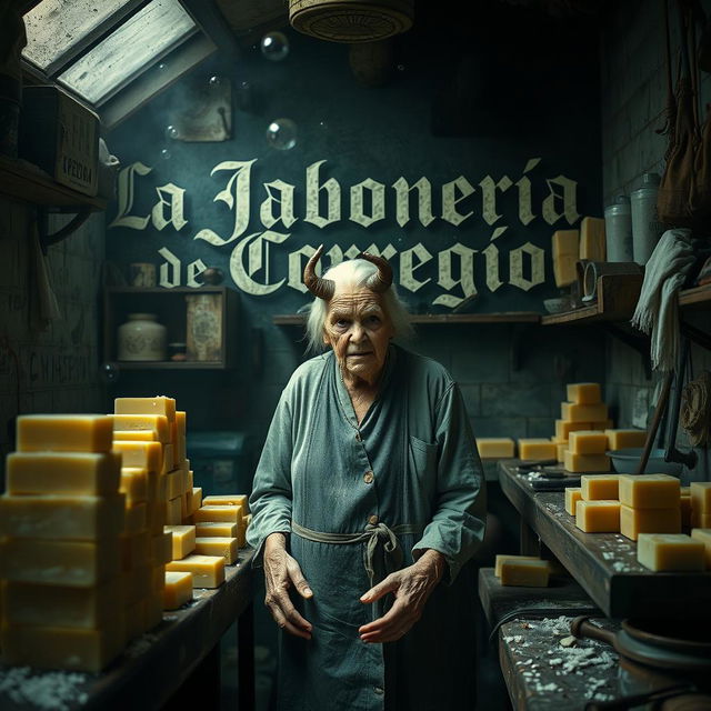 An elderly woman with a demonic face stands in a dirty kitchen surrounded by bars of soap