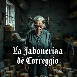 An elderly woman with a demonic face stands in a dirty kitchen surrounded by numerous bars of soap