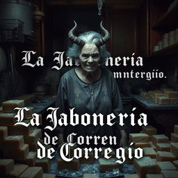An elderly woman with a demonic face stands in a dirty kitchen surrounded by numerous bars of soap