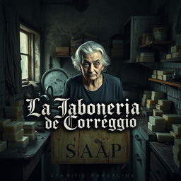 An elderly woman with a demonic face stands in a grimy kitchen filled with various bars of soap