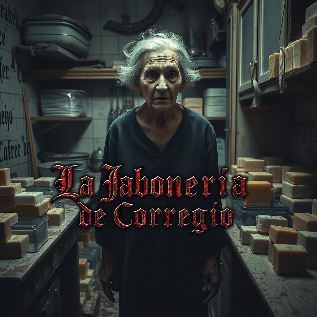 An elderly woman with a demonic face stands in a grimy kitchen filled with various bars of soap