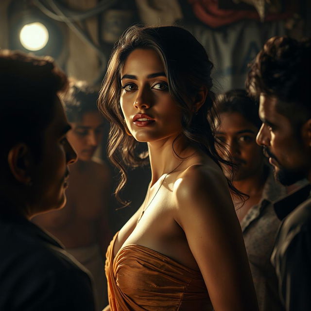 A sensual portrait of a woman inspired by Nushrat Bharucha, depicted as a confident and alluring figure in a dramatic setting within a slum