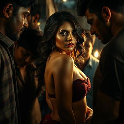A sensual portrait of a woman inspired by Nushrat Bharucha, depicted as a confident and alluring figure in a dramatic setting within a slum