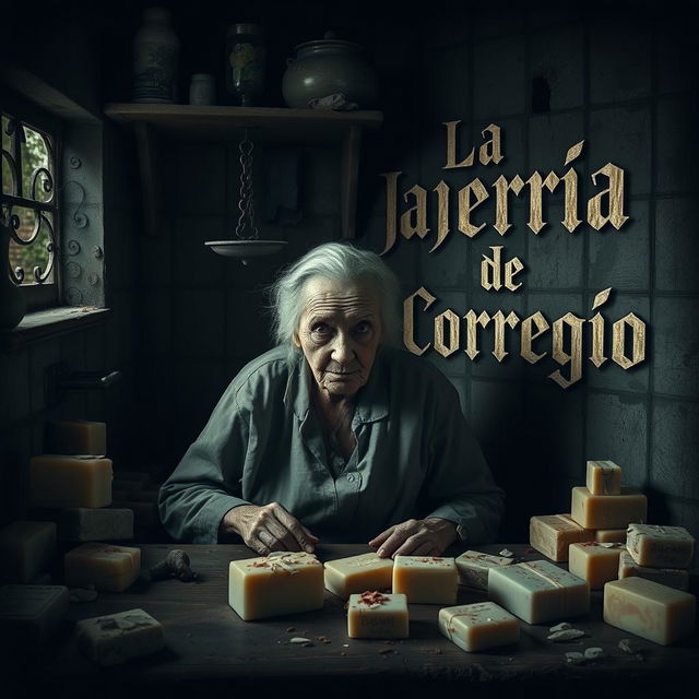 An elderly woman with a demonic face is depicted in a filthy kitchen, surrounded by an assortment of bars of soap scattered around