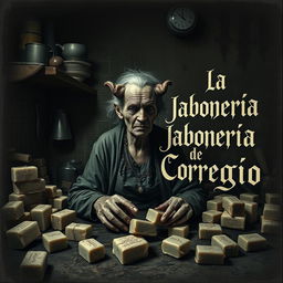 An elderly woman with a demonic face is depicted in a filthy kitchen, surrounded by an assortment of bars of soap scattered around