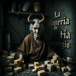 An elderly woman with a demonic face is depicted in a filthy kitchen, surrounded by an assortment of bars of soap scattered around