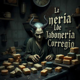 An elderly woman with a demonic face is depicted in a filthy kitchen, surrounded by an assortment of bars of soap scattered around