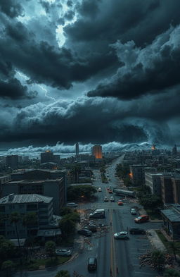 A dramatic, large-scale scene depicting a natural catastrophe, showing an apocalyptic landscape with dark storm clouds swirling ominously above