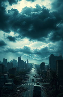 A dramatic, large-scale scene depicting a natural catastrophe, showing an apocalyptic landscape with dark storm clouds swirling ominously above