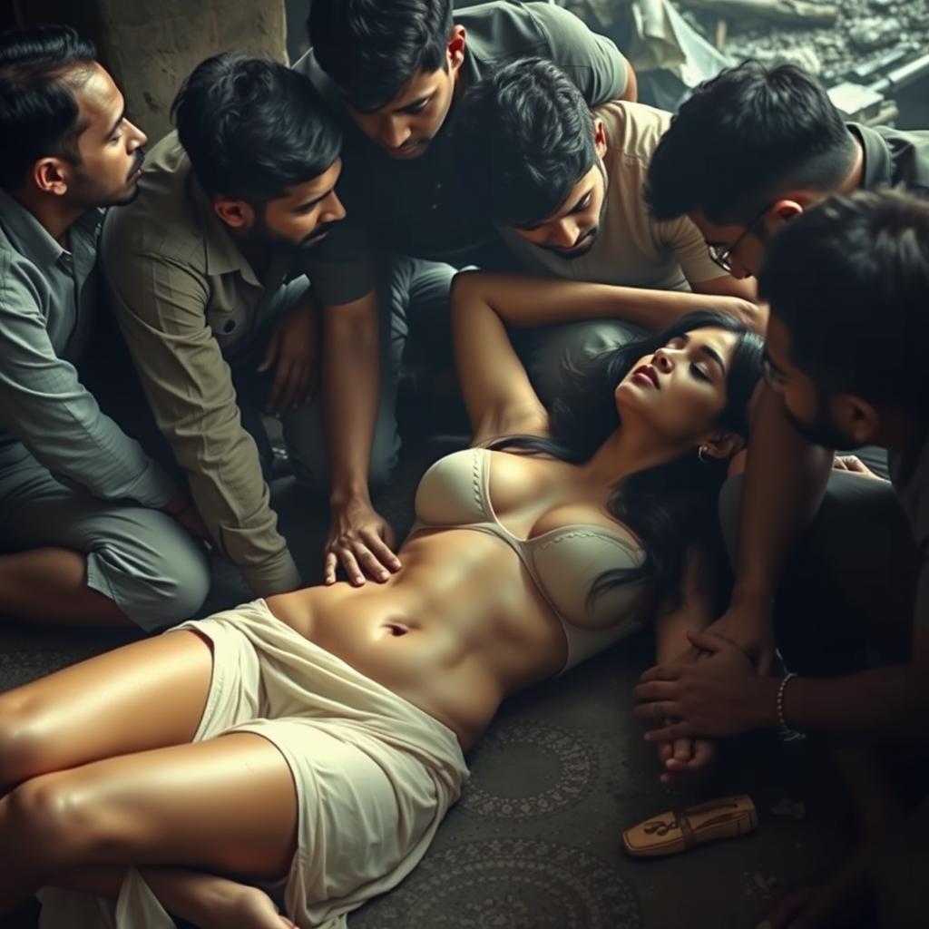 A sensual portrayal of a woman inspired by Nushrat Bharucha, set in a gritty slum environment