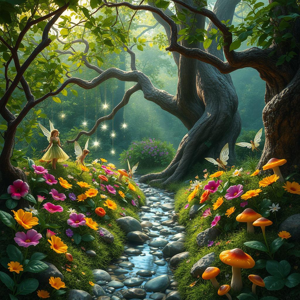 A mystical fairy garden nestled deep within a lush forest