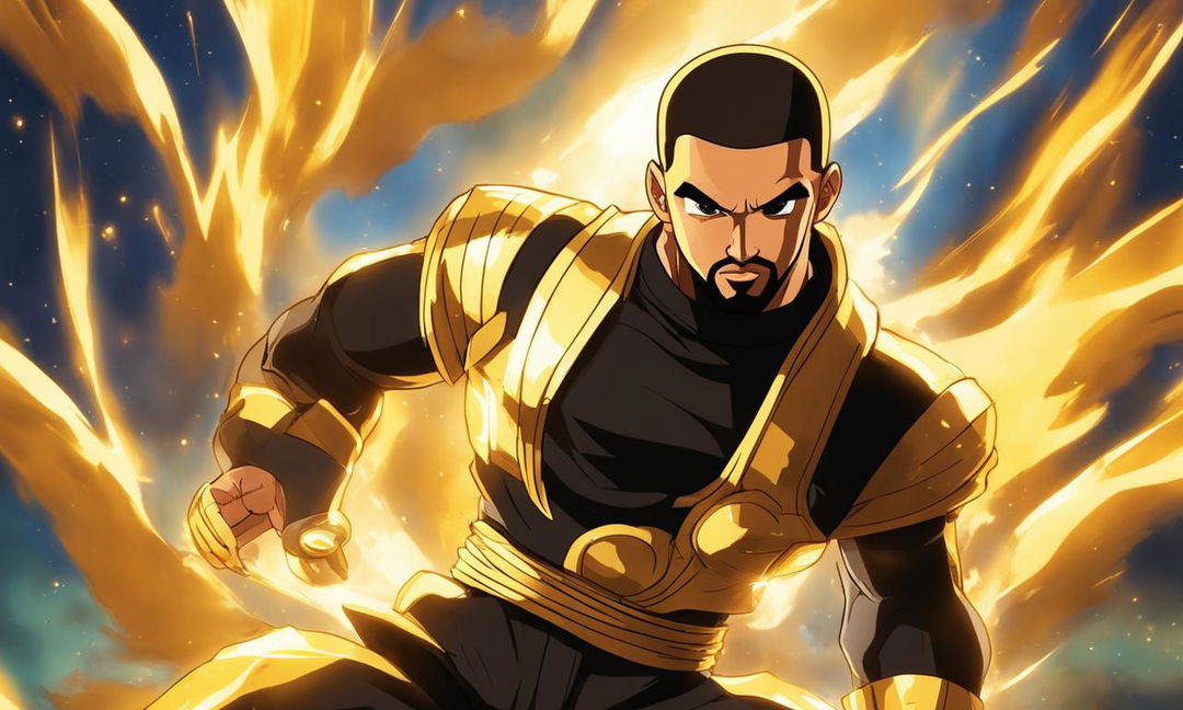 Dynamic portrait of rapper Drake in Dragonball Super style, featuring him in a black tracksuit with gold accents, posed confidently against a backdrop of swirling energy