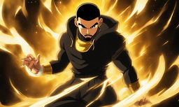 Dynamic portrait of rapper Drake in Dragonball Super style, featuring him in a black tracksuit with gold accents, posed confidently against a backdrop of swirling energy