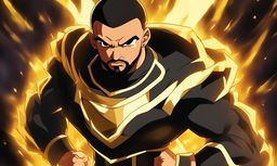 Dynamic portrait of rapper Drake in Dragonball Super style, featuring him in a black tracksuit with gold accents, posed confidently against a backdrop of swirling energy