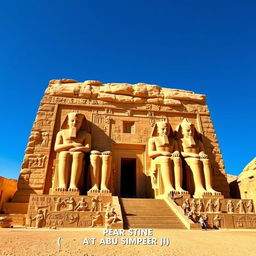A majestic image of the temple of Ramses II at Abu Simbel, showcasing its grand façade with enormous seated statues of Ramses II standing proudly at the entrance