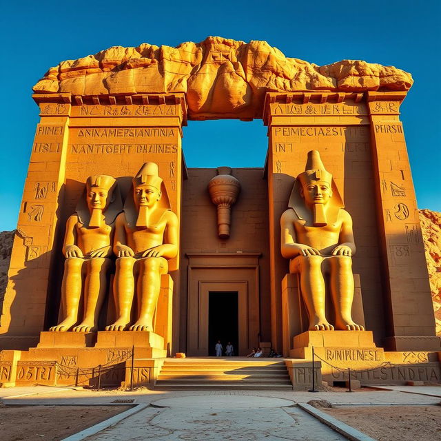 A majestic image of the temple of Ramses II at Abu Simbel, showcasing its grand façade with enormous seated statues of Ramses II standing proudly at the entrance