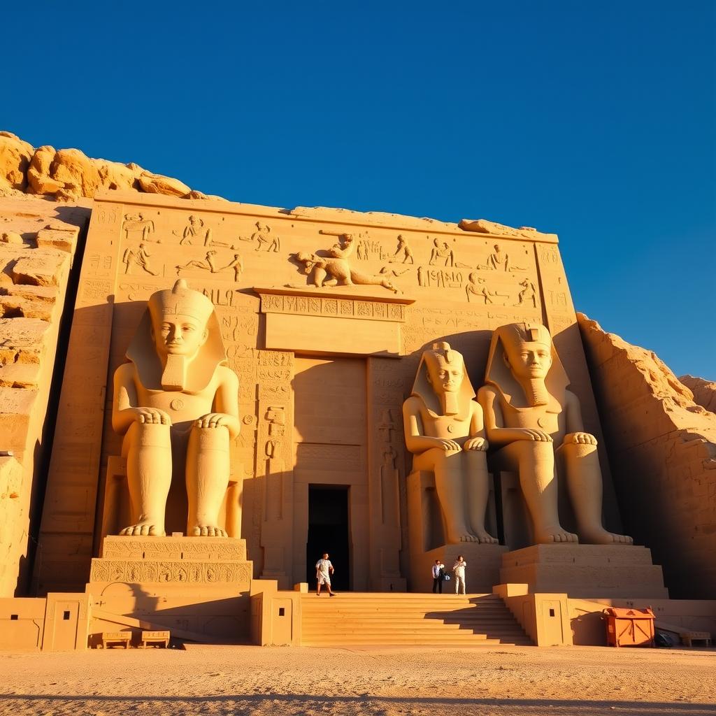 A majestic image of the temple of Ramses II at Abu Simbel, showcasing its grand façade with enormous seated statues of Ramses II standing proudly at the entrance