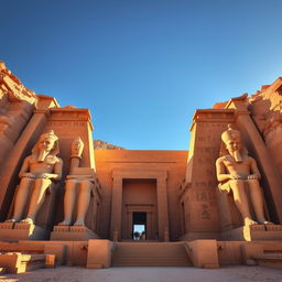 A majestic image of the temple of Ramses II at Abu Simbel, showcasing its grand façade with enormous seated statues of Ramses II standing proudly at the entrance