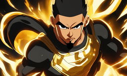 Dynamic portrait of rapper Drake in Dragonball Super style, featuring him in a black tracksuit with gold accents, posed confidently against a backdrop of swirling energy