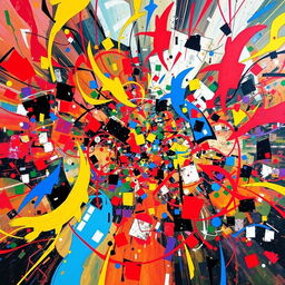 A chaotic and vibrant abstract representation of chaos, featuring swirling colors, dynamic shapes, and overlapping textures that create a sense of movement and energy