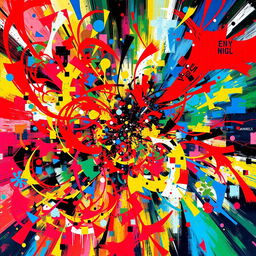 A chaotic and vibrant abstract representation of chaos, featuring swirling colors, dynamic shapes, and overlapping textures that create a sense of movement and energy
