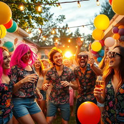 A vibrant and chaotic scene depicting a group of friends engaged in various fun activities, full of energy and excitement