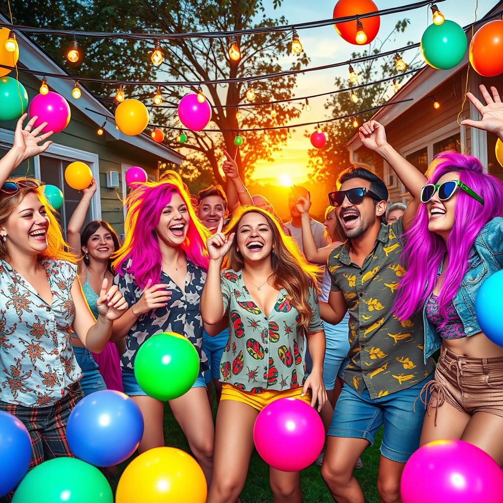 A vibrant and chaotic scene depicting a group of friends engaged in various fun activities, full of energy and excitement