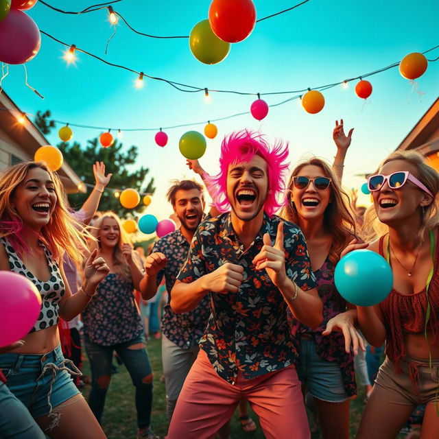 A vibrant and chaotic scene depicting a group of friends engaged in various fun activities, full of energy and excitement