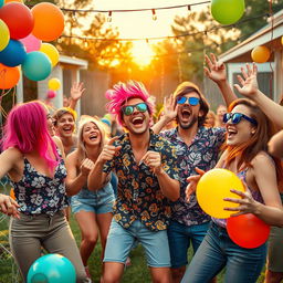 A vibrant and chaotic scene depicting a group of friends engaged in various fun activities, full of energy and excitement