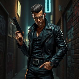 A stylish and intimidating gangster with a tough demeanor, dressed in a black leather jacket and matching pants