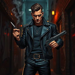 A stylish and intimidating gangster with a tough demeanor, dressed in a black leather jacket and matching pants