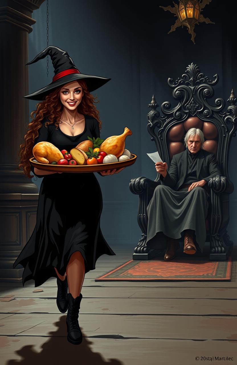 A witch with amber eyes and long, curly brown hair strides confidently through a shadowy, elegant throne room