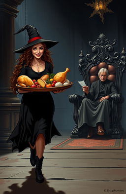 A witch with amber eyes and long, curly brown hair strides confidently through a shadowy, elegant throne room