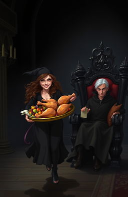 A witch with amber eyes and long, curly brown hair strides confidently through a shadowy, elegant throne room