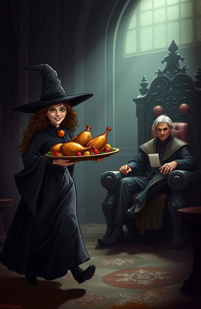 A witch with amber eyes and long, curly brown hair strides confidently through a shadowy, elegant throne room