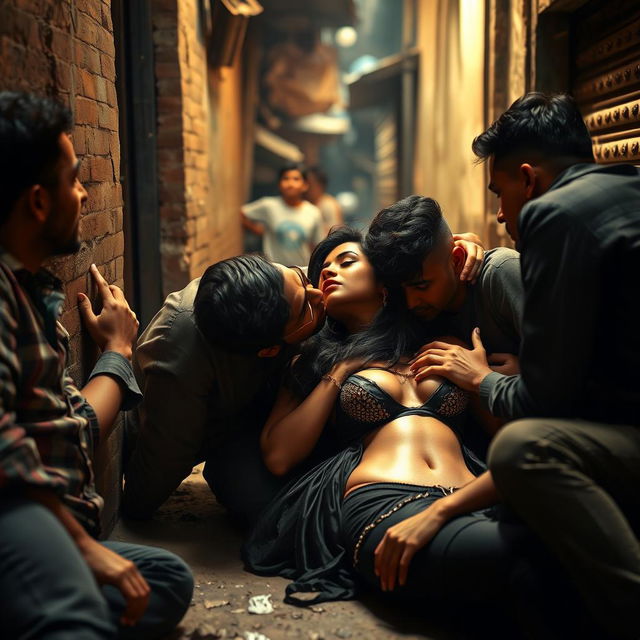 Sensual scene depicting an Indian woman resembling Nushrat Bharucha, portrayed as a confident figure in an urban slum environment, lying on the ground leaning against a wall