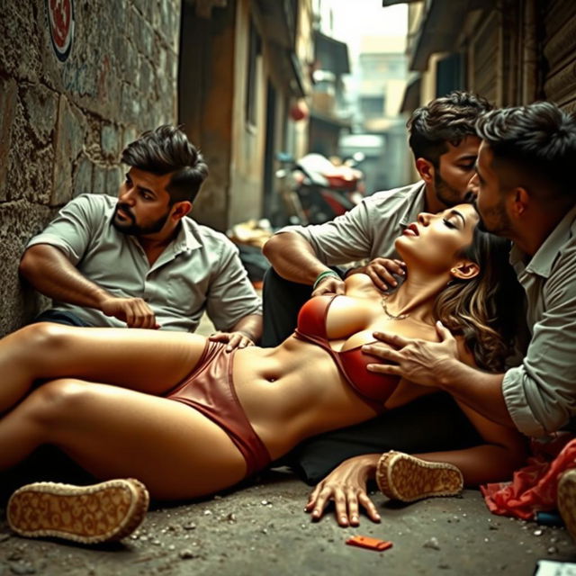 Sensual scene featuring an alluring woman reminiscent of Nushrat Bharucha, depicted as a confident figure in a gritty urban setting, lying on the floor and leaning against a wall in a slum