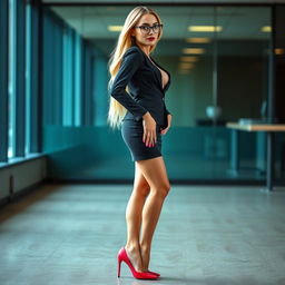 A 21-year-old Russian American woman depicted as a secretary, standing tall at 5’10” with a thin, skinny physique