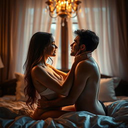 An intimate and romantic scene between two adults, tastefully presented, featuring dramatic soft focus and warm lighting