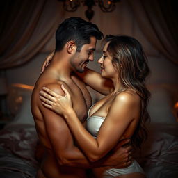 An intimate and romantic scene between two adults, tastefully presented, featuring dramatic soft focus and warm lighting