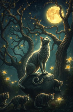 A captivating fantasy scene of werecats in a mystical forest illuminated by the moonlight