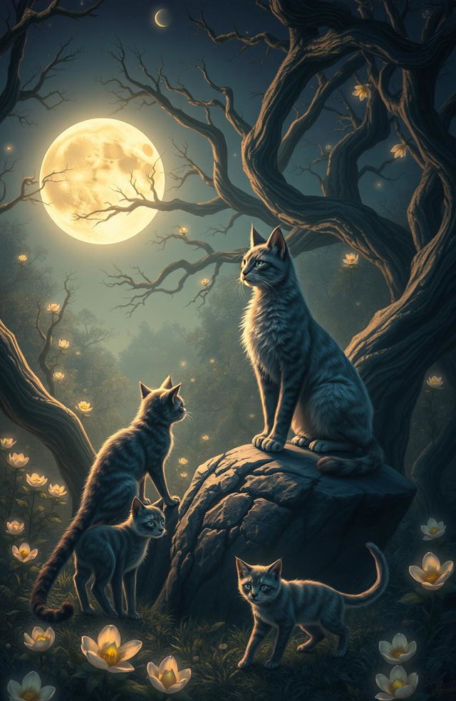 A captivating fantasy scene of werecats in a mystical forest illuminated by the moonlight