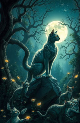 A captivating fantasy scene of werecats in a mystical forest illuminated by the moonlight