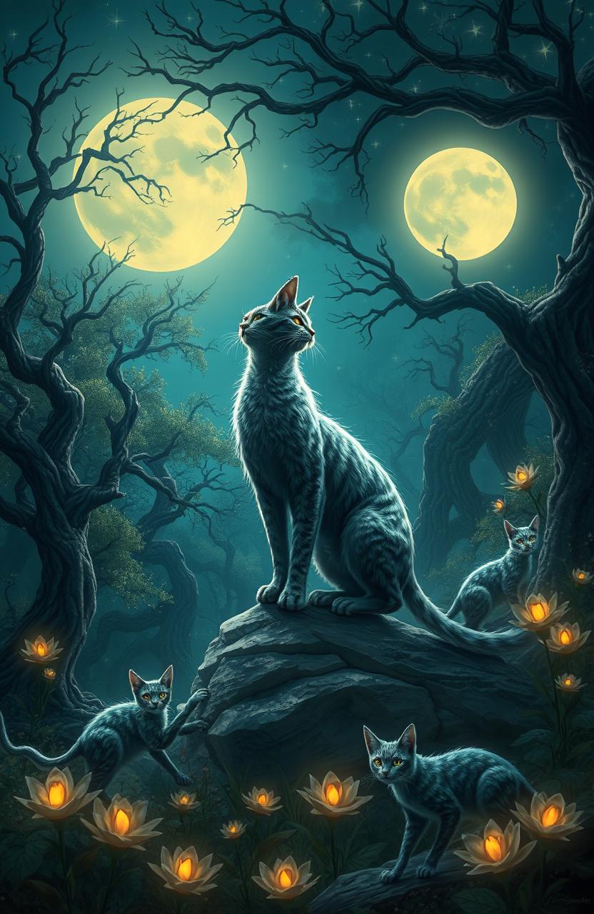 A captivating fantasy scene of werecats in a mystical forest illuminated by the moonlight