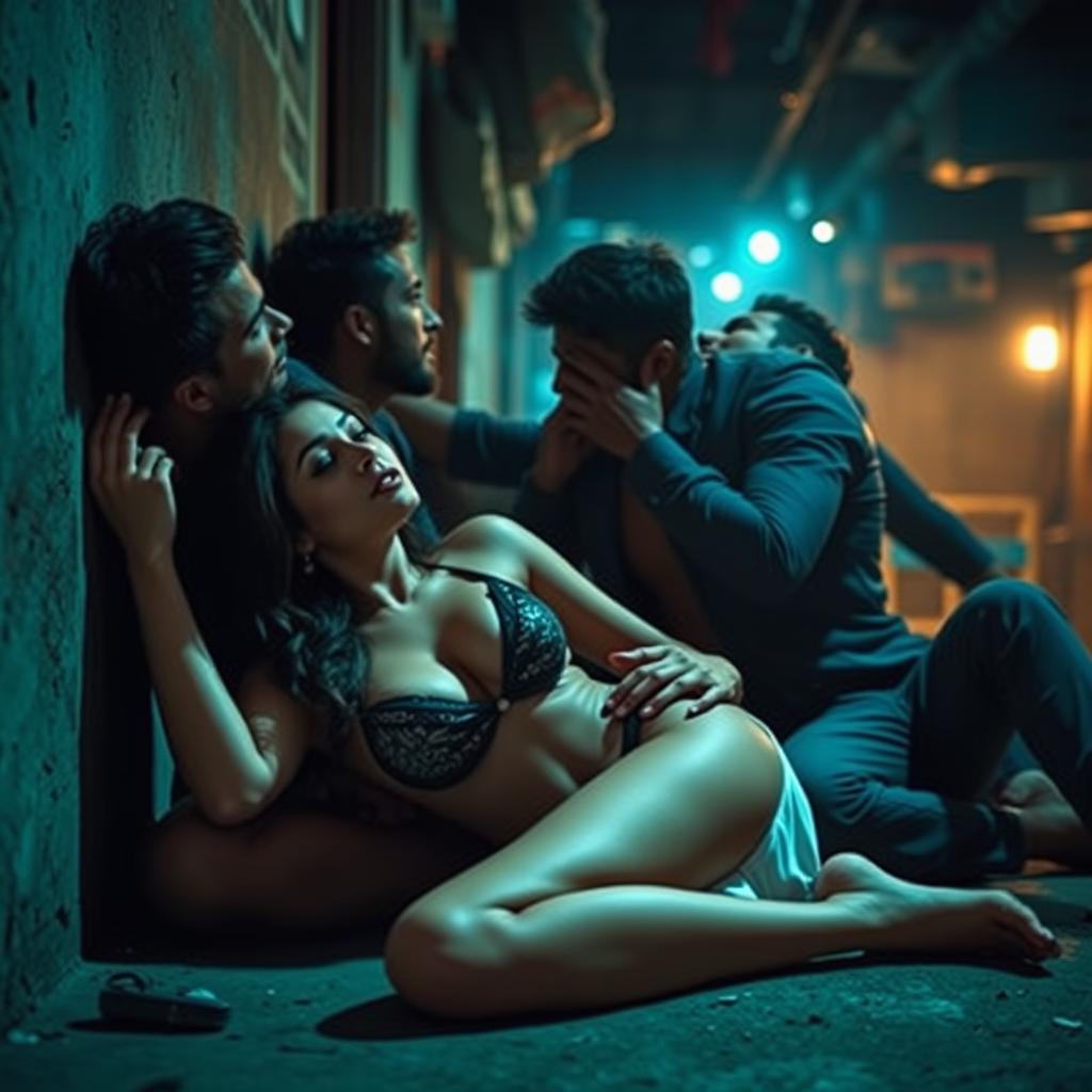 A sensual depiction of Nushrat Bharucha, artistically imagined as a seductive figure in a slum environment